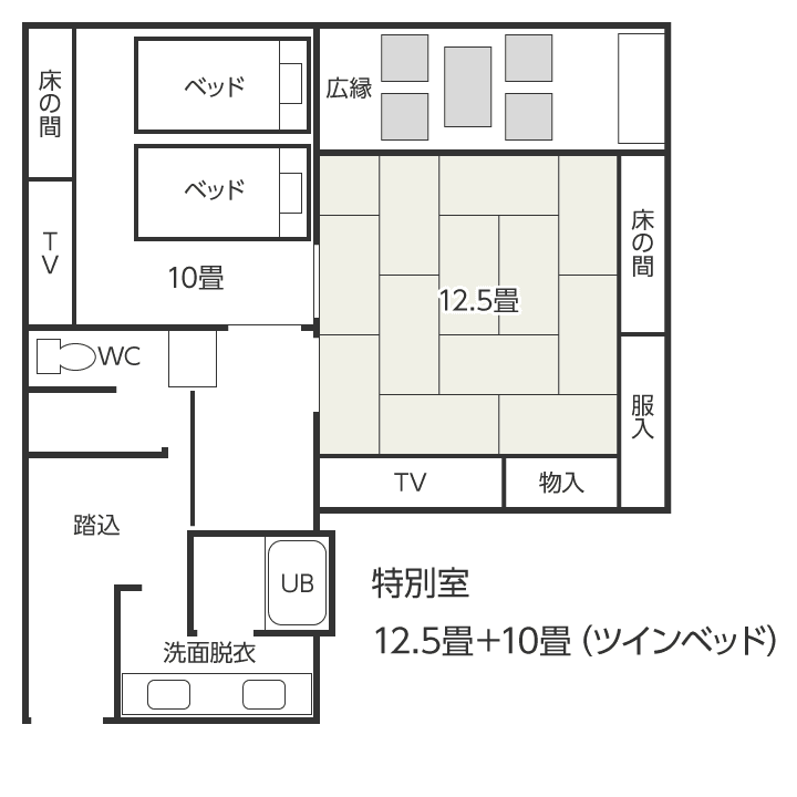 12.5畳＋10畳（ツインベッド）