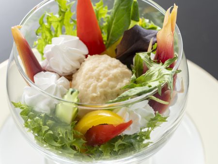 【サラダ】旬を迎えた土佐夏野菜を、大葉のフローズンドレッシングでさっぱりとお召し上がり下さい。